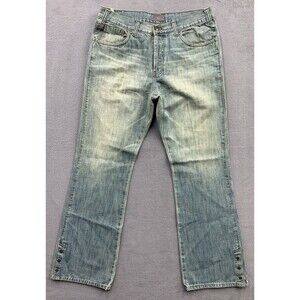 LEW Design Denim Jeans Mens 36X32 Blue Faded Distressed Button Fly 100% Cotton